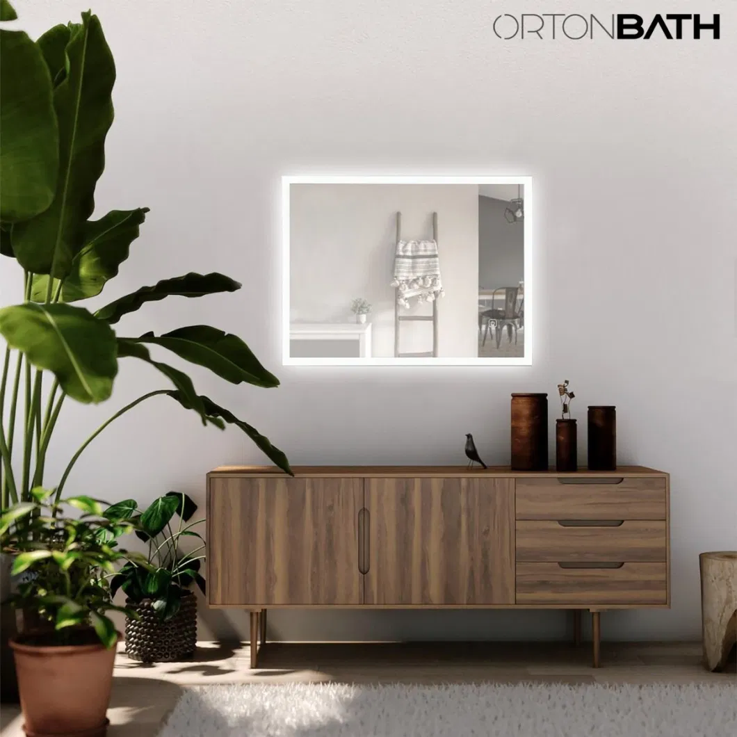 Ortonbath Square Edge Corner Frameless Full Length Floor Fitness Dressing Mirror LED Lights Touch Sensor Switch Bathroom Mirror LED Smart Bath Makeup Mirror