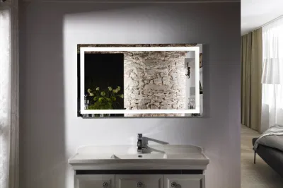 Specchio LED rettangolare digitale per decorazione domestica, montaggio a parete, bagno, Bluetooth, con oscuramento e antiappannamento